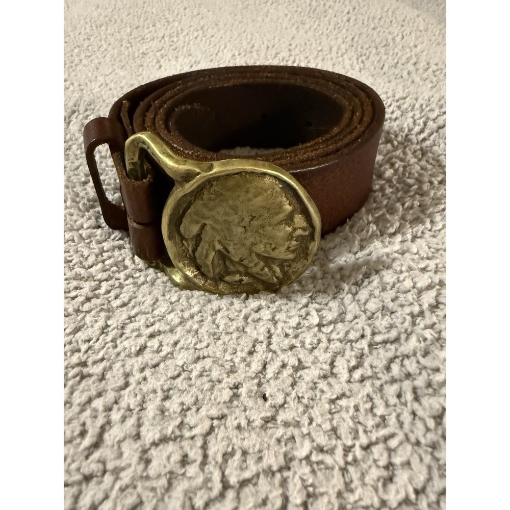 Vintage 70's Solid Brass Indian Head Belt Buckle 40" Genuine Leather Belt